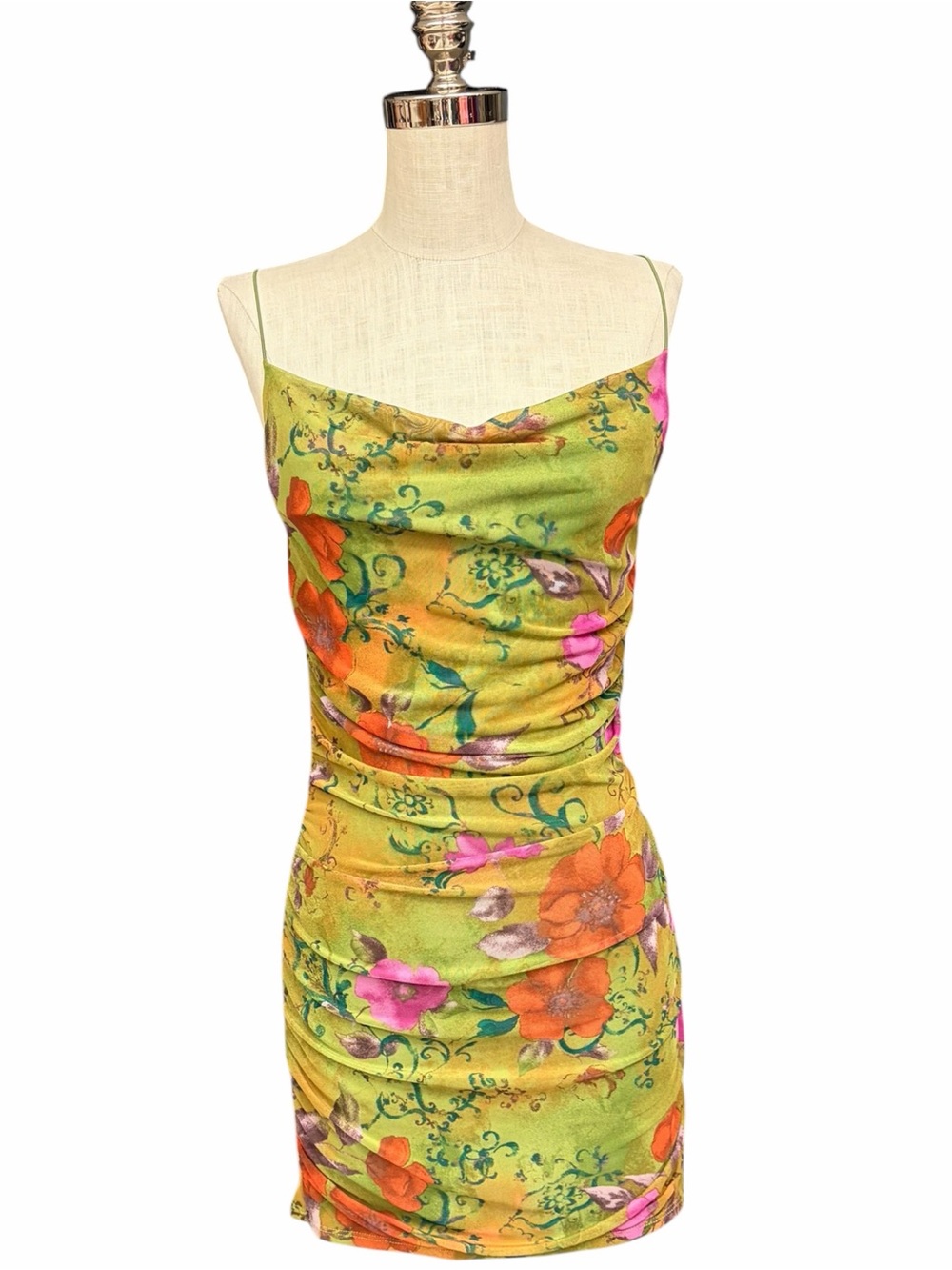 Wild Fable Green Floral Mesh Ruched Mini Dress Medium Fairy Y2K